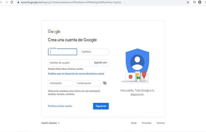 crear una cuenta en Google