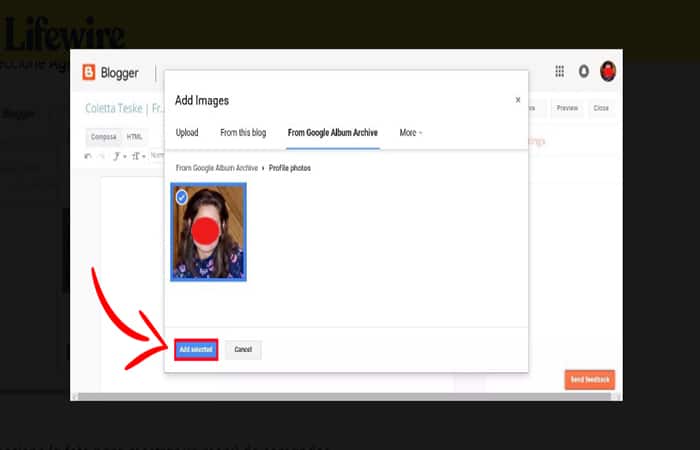 Captura de pantalla que muestra cómo insertar una imagen en una página de Blogger para cargar una imagen en Google Online