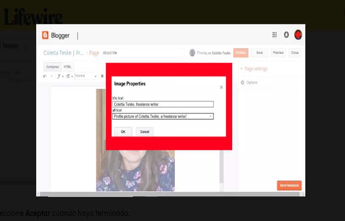 Captura de pantalla que muestra cómo agregar texto alternativo en Blogger para cargar imágenes en Google
