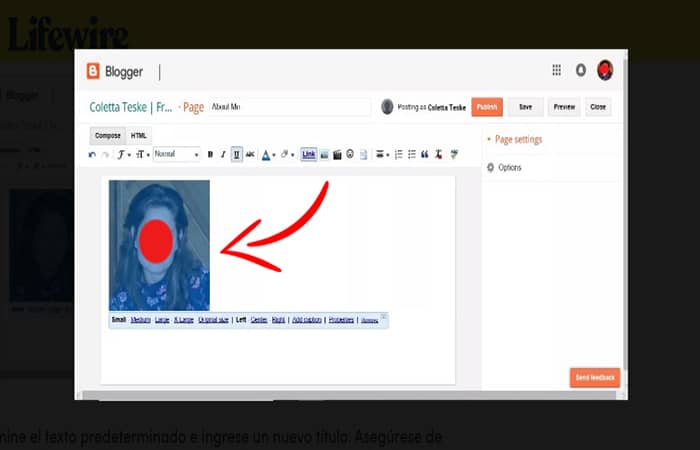 Captura de pantalla que muestra cómo agregar un título en Blogger para cargar la imagen en Google