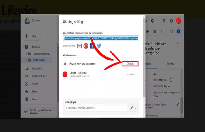  Captura de pantalla que muestra cómo hacer pública una imagen almacenada en Google Drive para cargar imágenes de Google