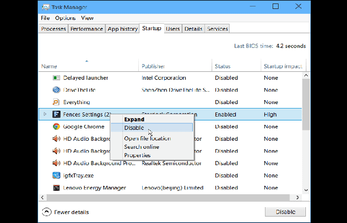 Barra menu del Administrador de tareas de Windows 10