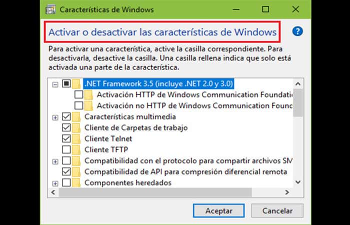 Activar o desactivar las características de windows
